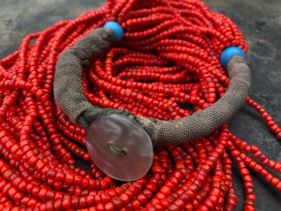 Multi strand tribal necklace with small red drawn… - image 6