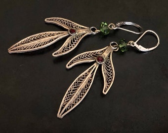 Gilt sterling filigree earrings, Hand made with green and red stones