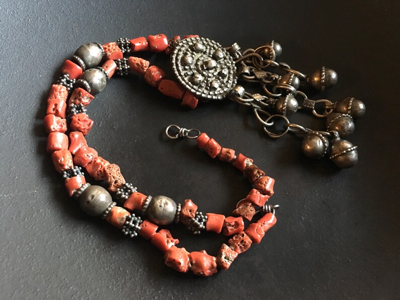 Necklace of gnarled Mediterranean coral beads from Yemen with silver and mixed metal beads and pendant