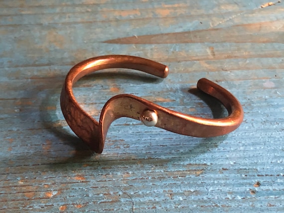 Hammered copper cuff bracelet with sterling detai… - image 2