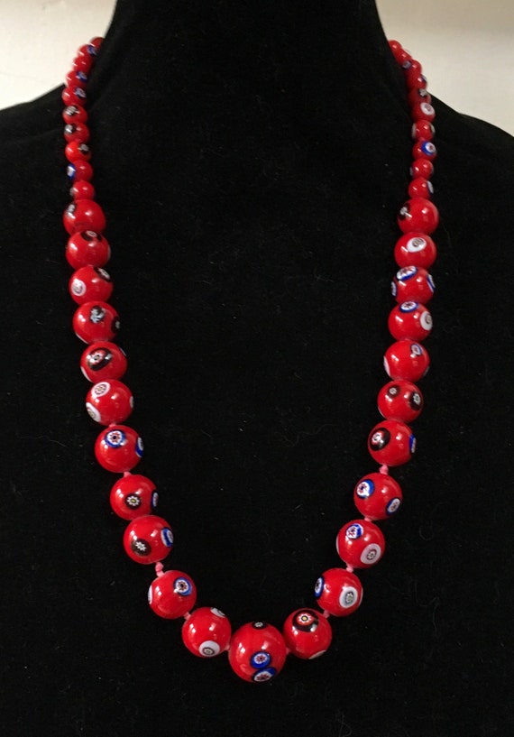 Red Czech knotted millefiori beaded necklace. Lon… - image 3