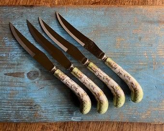 A E Lewis Floraine steak knives, blades made in Sheffield