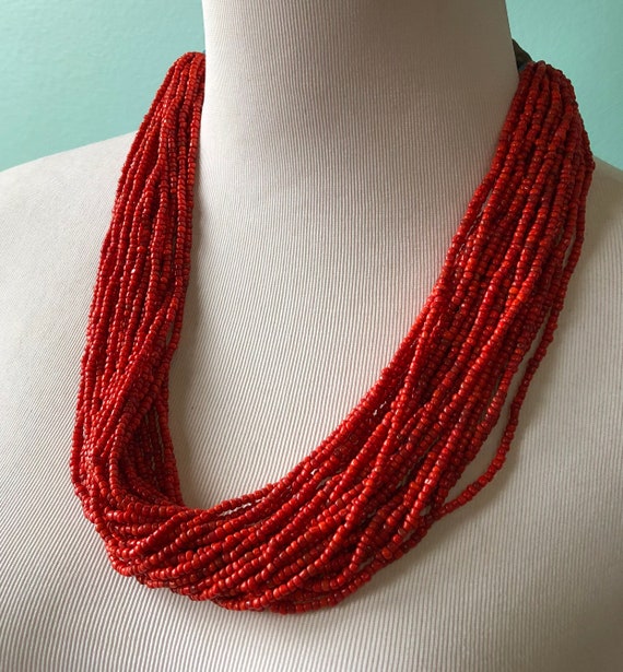 Multi strand tribal necklace with small red drawn… - image 7