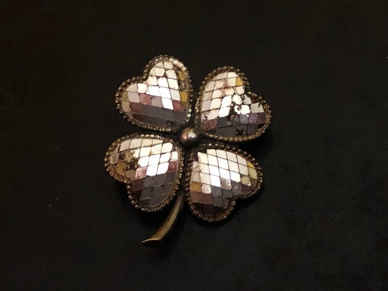 Phenomenal! Pair of Victorian 4 leaf clover brooches in micro mirror mosaic and silvered brass