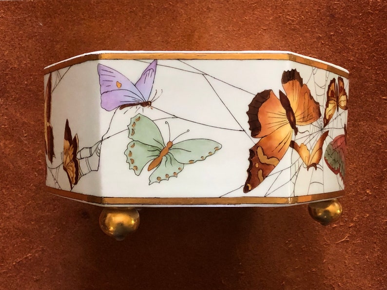 Hand painted 1914 Tressemann and Vogt Limoges butterfly and spiderweb hexagonal planter Wonderful