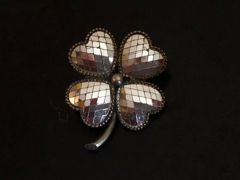Phenomenal! Pair of Victorian 4 leaf clover brooches in micro mirror mosaic and silvered brass