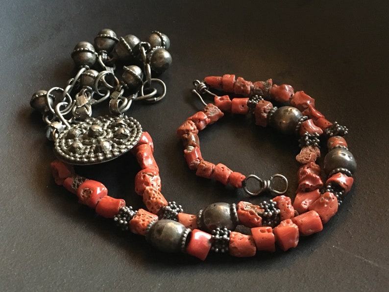 Necklace of gnarled Mediterranean coral beads from Yemen with silver and mixed metal beads and pendant