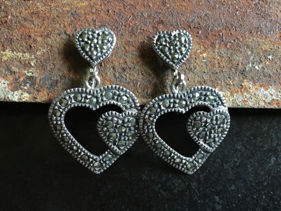 Dangling sterling marcasite clip on dangling heart
