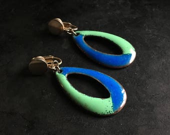 Blue and green vintage enamel clip on earrings. Well made souvenir from the 70’s!