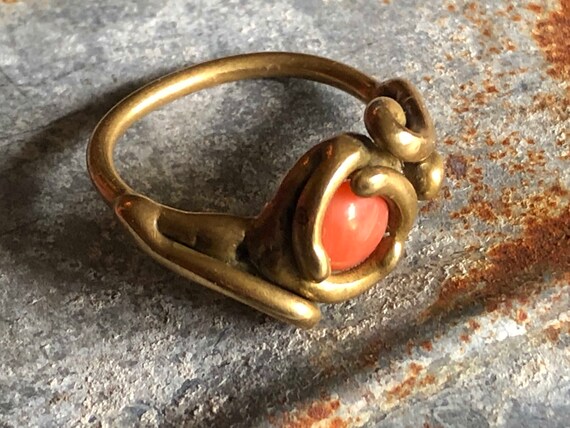 Brutalist ring in coral and brass. 1970s art ring… - image 10