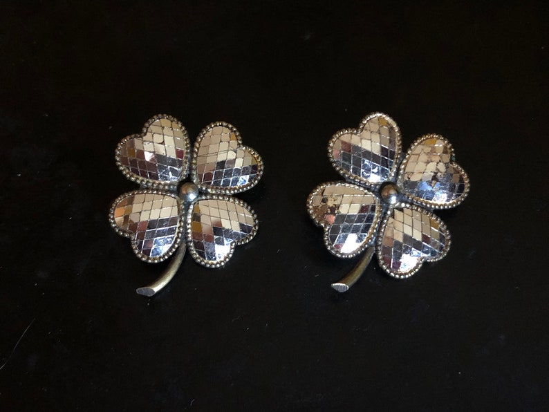 Phenomenal! Pair of Victorian 4 leaf clover brooches in micro mirror mosaic and silvered brass