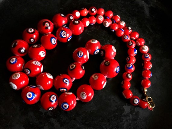 Red Czech knotted millefiori beaded necklace. Lon… - image 6