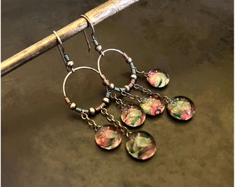 Art glass dangling hoop earrings in sterling with anodized titanium wire