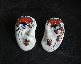 Fine ceramic stud jester earrings, molded and hand painted