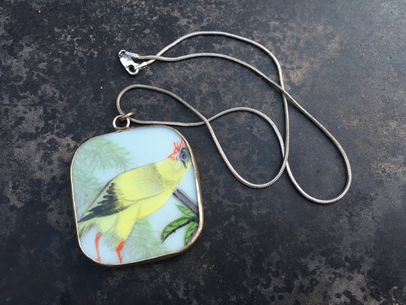 Charming porcelain shard pendant. Semi cubist rooster image 1