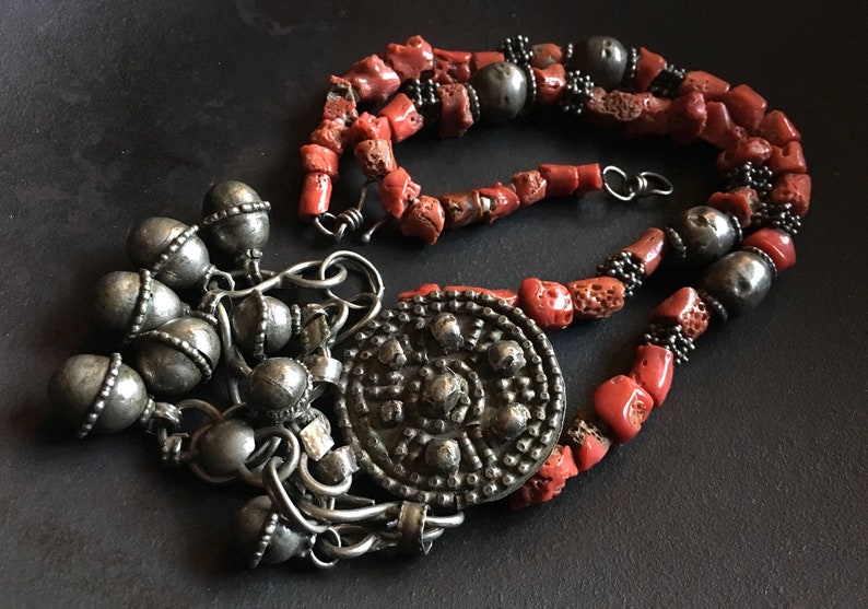 Necklace of gnarled Mediterranean coral beads from Yemen with silver and mixed metal beads and pendant