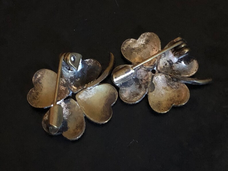 Phenomenal! Pair of Victorian 4 leaf clover brooches in micro mirror mosaic and silvered brass