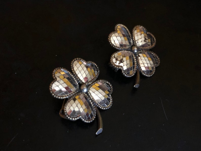 Phenomenal! Pair of Victorian 4 leaf clover brooches in micro mirror mosaic and silvered brass