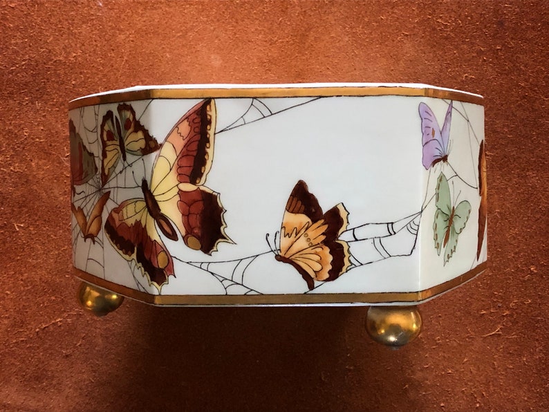 Hand painted 1914 Tressemann and Vogt Limoges butterfly and spiderweb hexagonal planter Wonderful