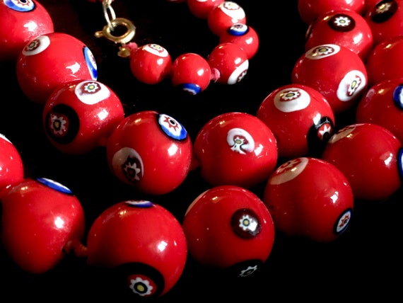 Red Czech knotted millefiori beaded necklace. Lon… - image 7