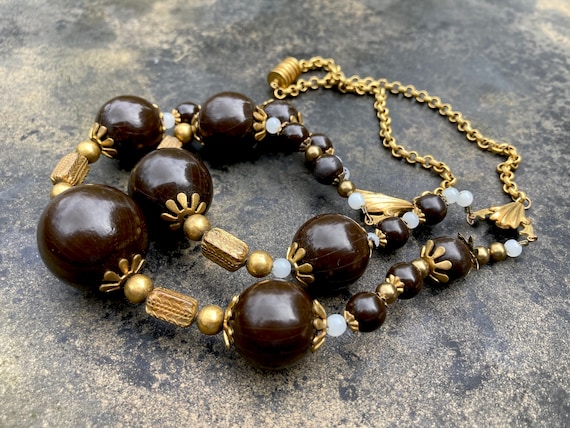 1940s necklace with painted wooden beads glass an… - image 1