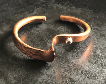 Hammered copper cuff bracelet with sterling detail signed JC