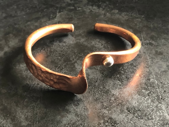 Hammered copper cuff bracelet with sterling detai… - image 1