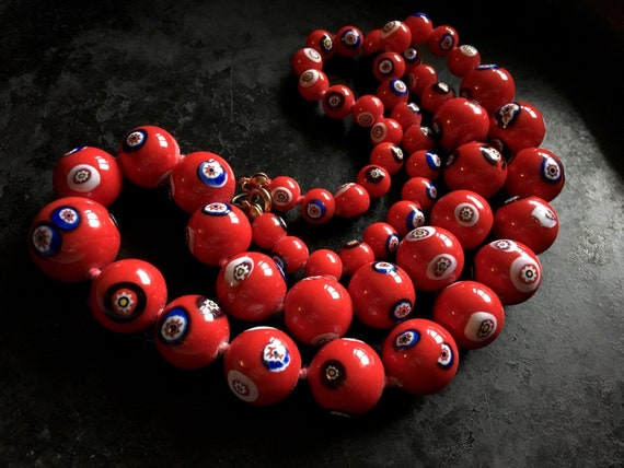 Red Czech knotted millefiori beaded necklace. Lon… - image 8