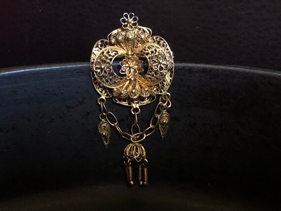 Gilt sterling filigree cannetille dangling brooch… - image 3