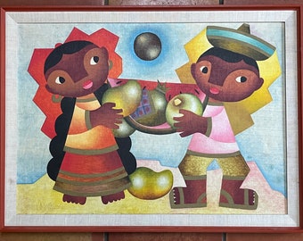 May include: A painting of two children, one wearing a red and yellow dress and the other wearing a pink shirt and brown shorts, holding a basket of fruit. The background is a blue sky with a sun and a large, dark circle.