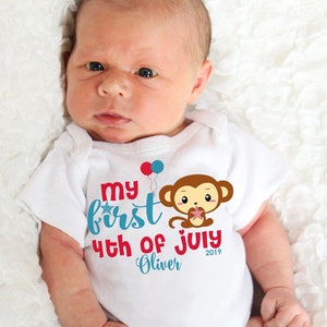 white onesie with monkey in american clothes with the words my first 4th of july customized with year and name