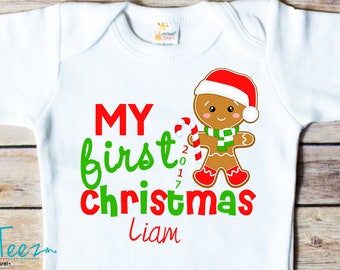 My First Christmas Shirt Gingerbread man Baby Bodysuit Personalized with name and Year Baby Boy or Girl Gift