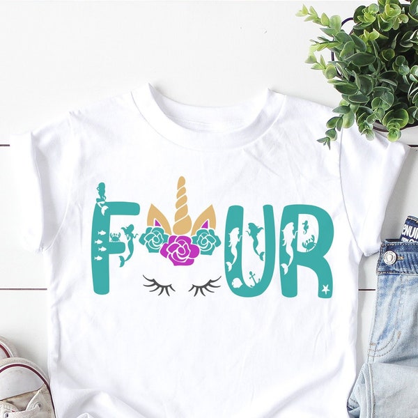 Fourth Birthday Shirt , Unicorn tshirt for 4th birthday, mermaid outfit , toddler girl gift