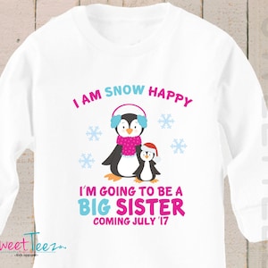 Big Sister shirt Snow Happy Big Brother LONG SLEEVE Shirt Winter Penguin Personalized Due Date Shirt Sibling Announcement Shirt