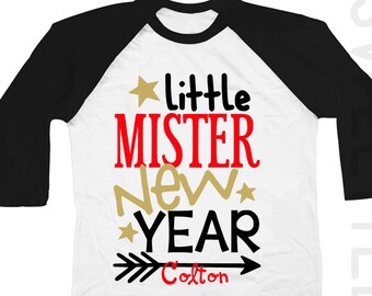 New Year's Shirt Little Miss Little Mister New Year Boy Girl Shirt black Raglan 3/4th Sleeve Shirt Personalized shirt Toddler Youth Shirt