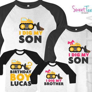 Birthday Shirt Set of 4 shirts Construction Shirt Personalized Yellow Dig Shirts Mom Dad Brother Sister Adult Shirt Black Raglan Kids Shirt