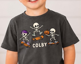 Personalized Halloween Shirt for Boys • Skeleton Skateboard Shirt • Name Halloween Tee • Spooky Season Kids Shirt • Toddler Halloween Top
