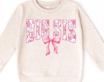Big Sister Shirt, For Girls, With Pink Bow, Christmas Sweatshirt, gift for girl, sweatshirt for big sister, Christmas gift for girls