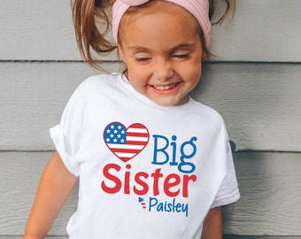 Big Sister Shirt, with name, 4th of july pregnancy announcement shirts, baby shower gift
