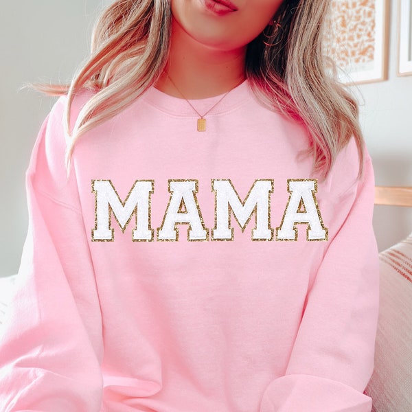 Pink Mama Sweatshirt - Mama Crewneck - Varsity Shirts - Women's Crewneck - Chenille Patch Shirt - Glitter Mama Shirt - Embroidered