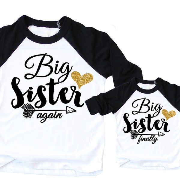 Big Sister Again Big Sister Finally Shirt set, with gold glitter hearts, raglans for girls, pregnancy announcement shirts