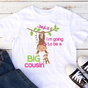 Monkey big cousin announcement shirt , personalized with name and due date , big cousin to be tshirt
