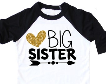 Big Sister Shirt , with gold glitter heart, pregnancy announcement shirt, baby shower gift