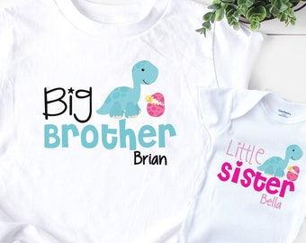 Big Brother Little Sister Shirts , with names, dinosaur tshirts, dino baby shower gift