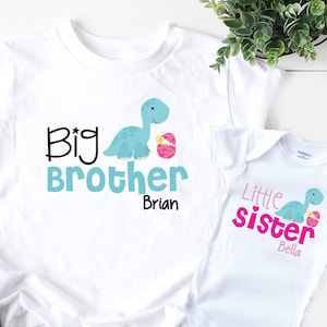 Big Brother Little Sister Shirts , with names, dinosaur tshirts, dino baby shower gift