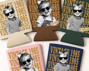 Personalized Birthday Can Cooler • Custom Vintage Photo Coozies • Trendy Vintage Retro Birthday Party Favor • 30th 40th 50th Birthday Decor