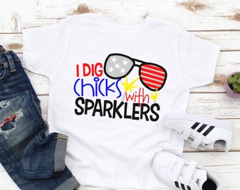 4th Of July Shirt for boys, I dig chicks with sparklers tshirt, funny fourth of july shirt for toddler