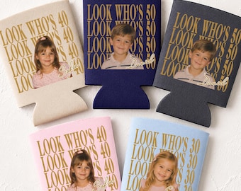Custom Birthday Can Coolers Bulk • Personalized Photo Party Favors • 30th 40th 50th 60th Birthday Decorations • Adult Birthday Favors
