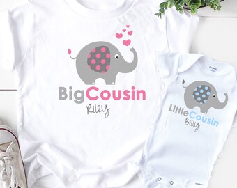 Big Cousin Little Cousin Shirt set, matching elephant tshirts, with names , pregnancy announcement gift