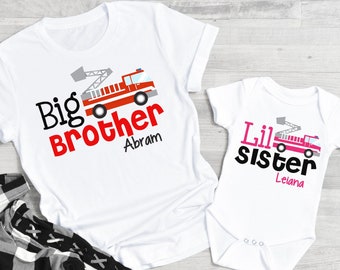 big brother little sister shirts , with names, firetruck tshirt set, baby shower gift